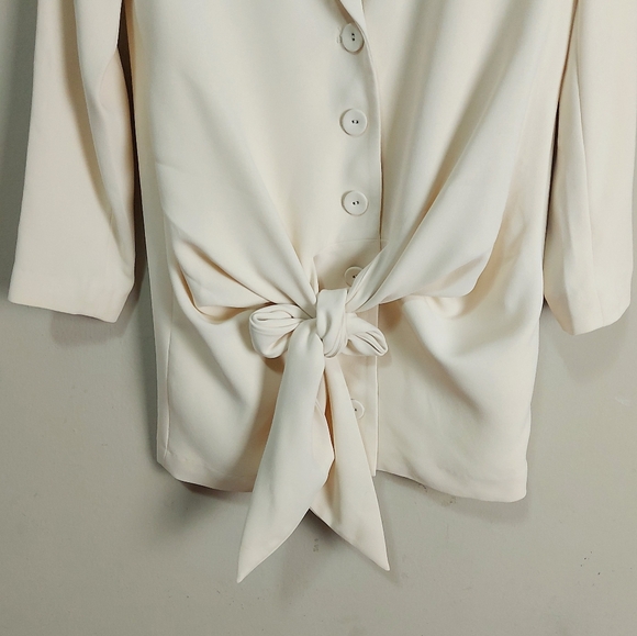 L'Academie The Rosemarie Mini Dress XS Ivory Front Buttons Padded Shoulders Tie - Picture 13 of 13